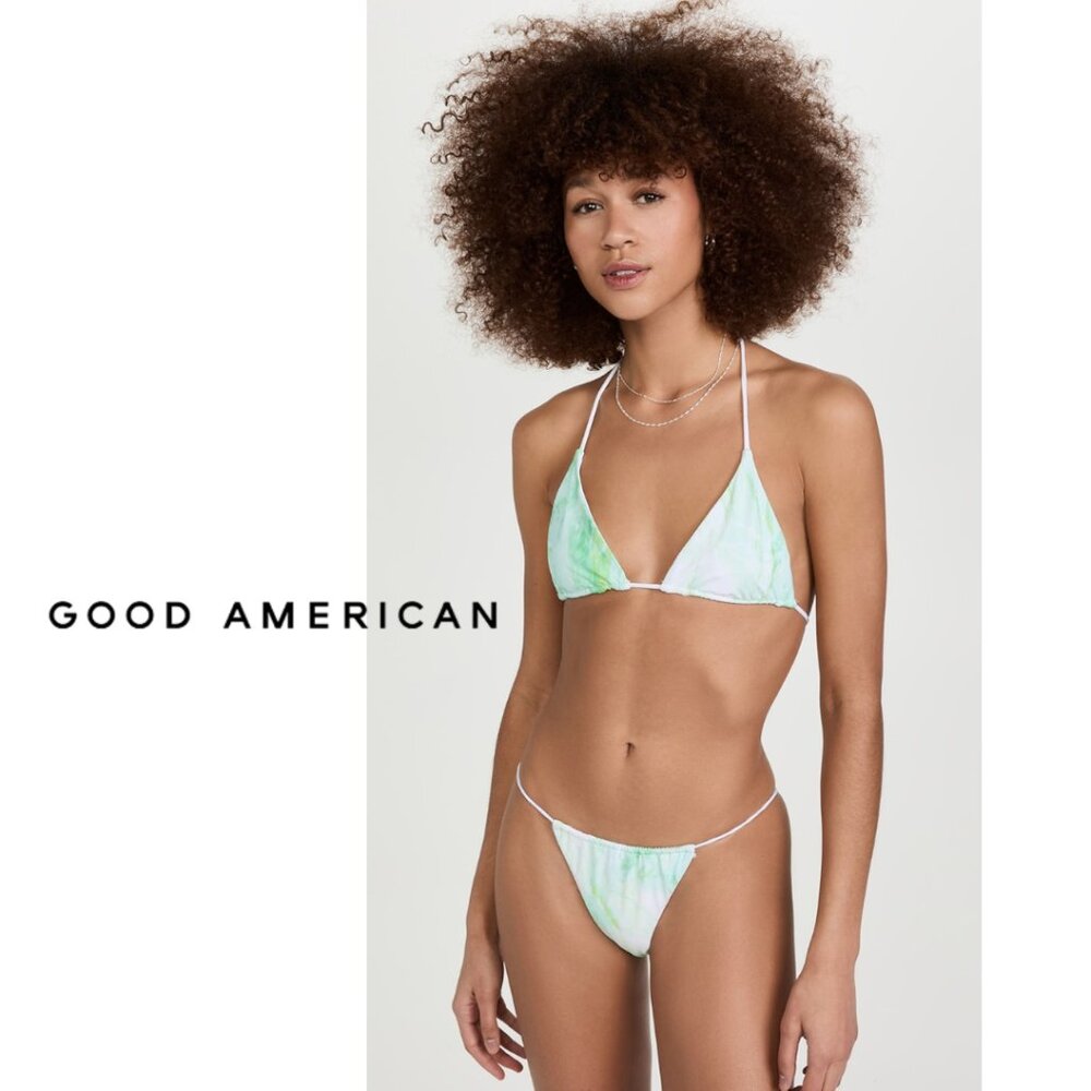 GOOD AMERICAN Tiny Ties Bikini Set | Green & White Marble | 5 top 3 bottom